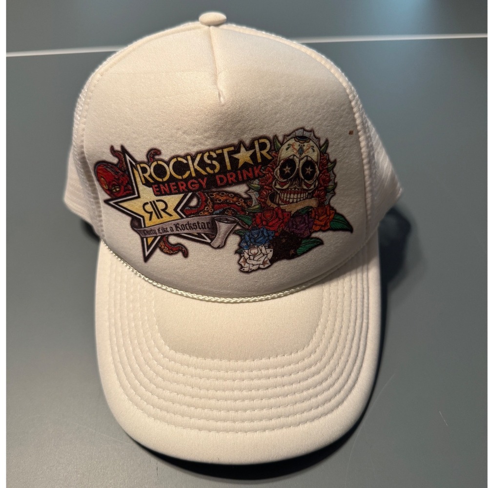 Rockstar Energy Drink Sugar Skull Trucker Hat White Mesh Snapback Nissun Cap
